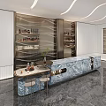 Modern Sales Office Interior With Marble Bar Counter Wine Shelves Green Plant And Stools