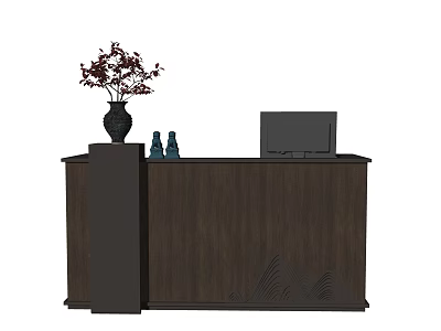 Dark Brown Wooden Reception Desk With Vase Red Flowers Blue Bottles And Computer Monitor 3d model