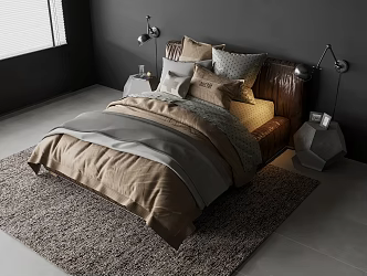 Leather Double Bed Four-piece Set Pillow Quilt Irregular Side Metal Wall Lamp Frame Carpet 3d model