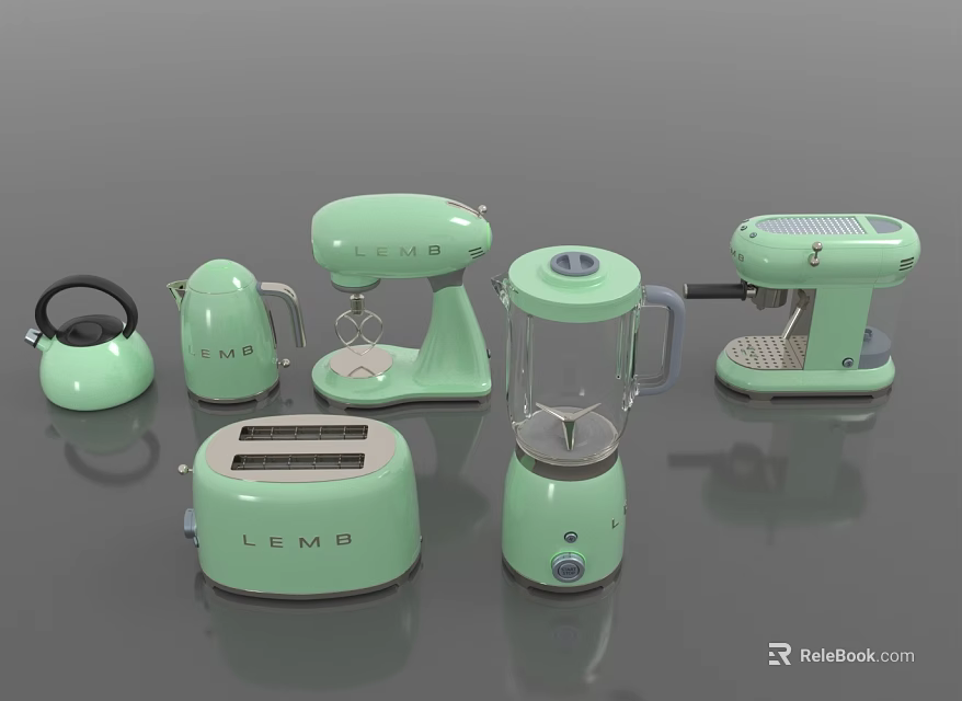 Mint Green LEMP Kitchen Appliances Collection Including Kettle Toaster Blender And Coffee Machine 3d model 