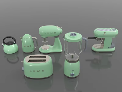 Mint Green LEMP Kitchen Appliances Collection Including Kettle Toaster Blender And Coffee Machine 3d model