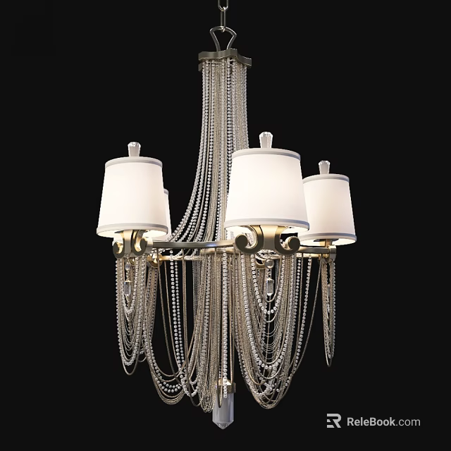 Elegant Modern Chandelier With White Lampshades Gold Metal Frame And Hanging Crystal Chains 3d model 