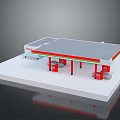 Modern Gas Station Building With Gray Roof Red Pillars And Fuel Dispensers