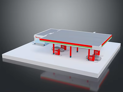 Modern Gas Station Building With Gray Roof Red Pillars And Fuel Dispensers 3d model