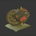 Red and Black Motorcycle Tilted on Light Blue Platform with Dark Background