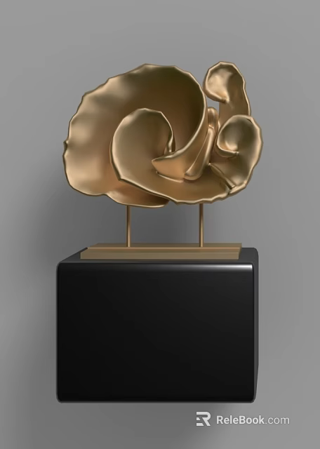 Golden Flower Shaped Decorative Ornament Set With Black Square Base For Home Decor 3d model 