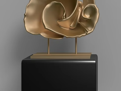 Golden Flower Shaped Decorative Ornament Set With Black Square Base For Home Decor 3d model