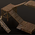 Wooden Scene Components Featuring Fence Panels Ladders Platforms Carts And Crates