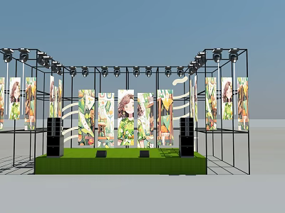 Metal Frame Exhibition Booth With Multiple Posters Green Platform Speakers And Blue Sky Background 3d model