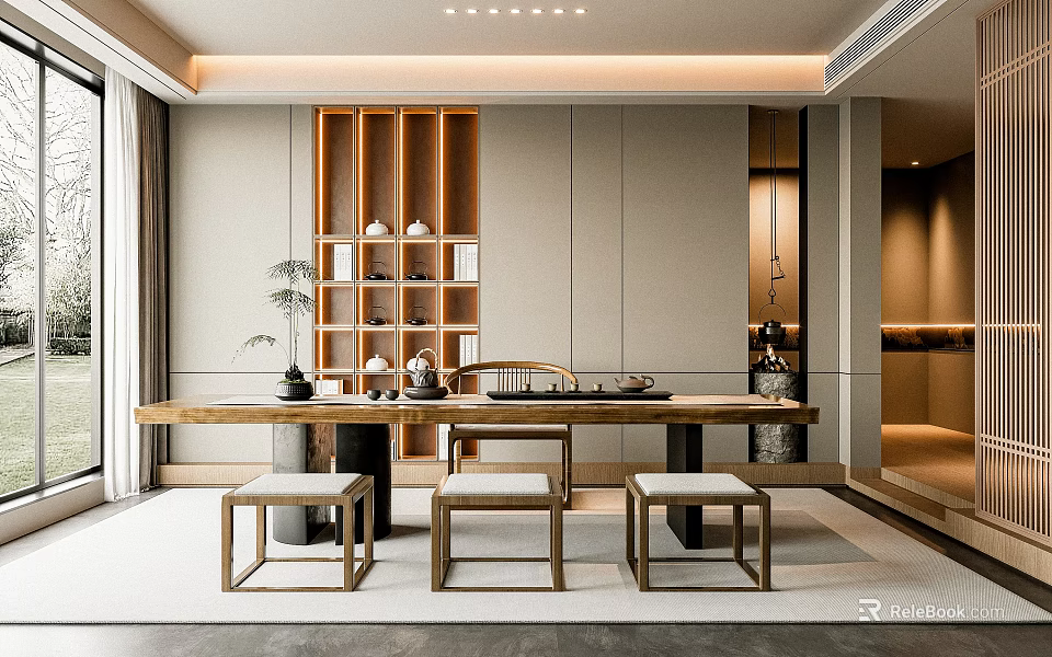 Modern Open Tea Room Interior Design With Wooden Tea Table Chairs Shelf And Potted Plant 3d model 