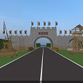 Ancient City Gate Architecture Featuring Stone Walls Flags And Wooden Waterwheel Road