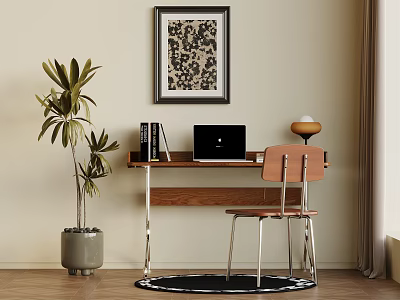 Home Office Desk With Laptop Books Chair Green Plant Wall Art And Round Rug 3d model