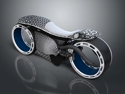 Futuristic Motorcycle With Unique Textured Design White Seat And Blue Wheels 3d model