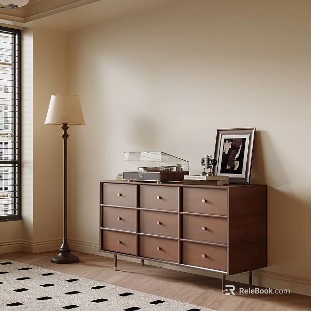 Vintage Wooden Dresser With Framed Photo Typewriter And Floor Lamp By Window 3d model 