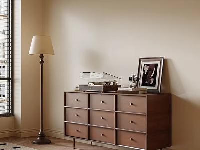 Vintage Wooden Dresser With Framed Photo Typewriter And Floor Lamp By Window 3d model