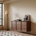 Vintage Wooden Dresser With Framed Photo Typewriter And Floor Lamp By Window