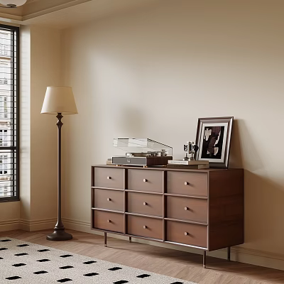 Vintage Wooden Dresser With Framed Photo Typewriter And Floor Lamp By Window 3d model