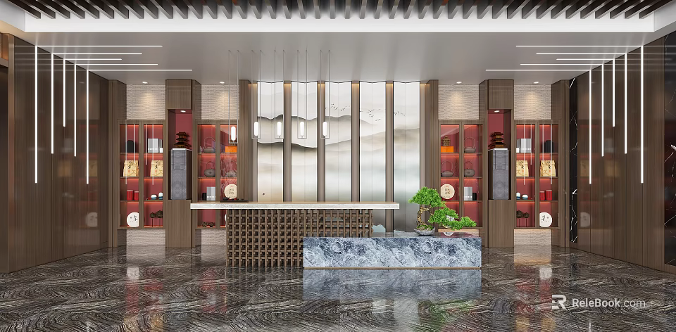 Elegant Sales Office Interior With Reception Counter Green Plants Hanging Lights And Marble Flooring 3d model 