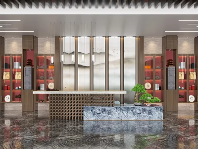 Elegant Sales Office Interior With Reception Counter Green Plants Hanging Lights And Marble Flooring 3d model