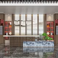 Elegant Sales Office Interior With Reception Counter Green Plants Hanging Lights And Marble Flooring