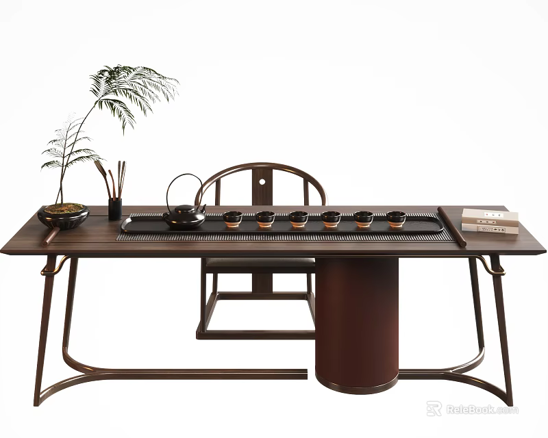 Chinese Style Wooden Tea Table with Chair and Tea Set Green Plant Decor 3d model 