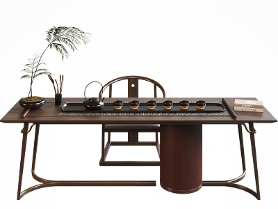 Chinese Style Wooden Tea Table with Chair and Tea Set Green Plant Decor 3d model