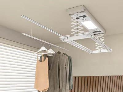 Ceiling Mounted Clothes Hanger with Retractable Design Built-in Light Hanging Clothes Window Blinds and Wooden Panel Wall 3d model