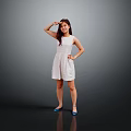 Woman in White Dress Posing with Hand on Forehead and Blue Shoes Against Gray Background