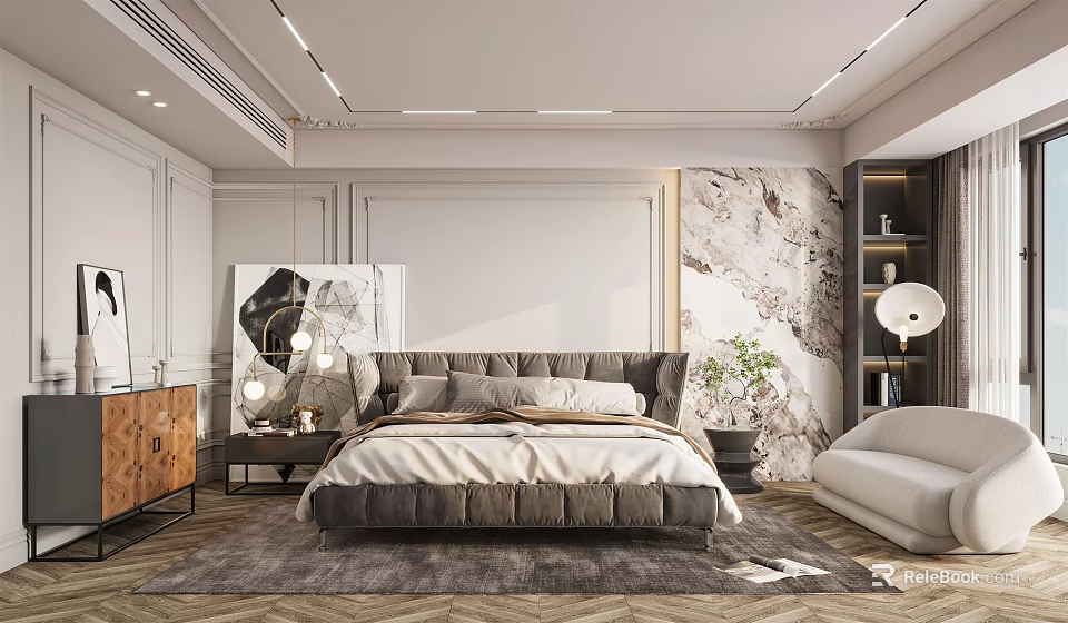 Modern Bedroom Interior Design With Upholstered Bed Marble Accent Wall And Area Rug 3d model 