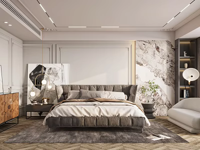 Modern Bedroom Interior Design With Upholstered Bed Marble Accent Wall And Area Rug 3d model
