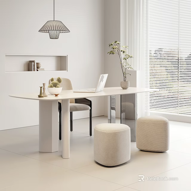 Modern White Desk with Laptop Decorative Plants Round Stools near Window Blinds under Pendant Light 3d model