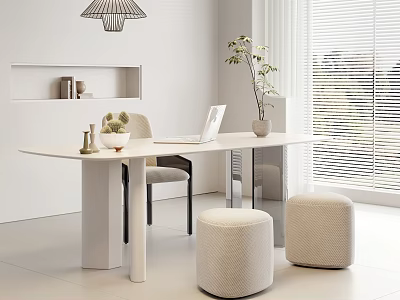 Modern White Desk with Laptop Decorative Plants Round Stools near Window Blinds under Pendant Light 3d model