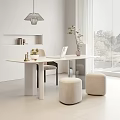 Modern White Desk with Laptop Decorative Plants Round Stools near Window Blinds under Pendant Light