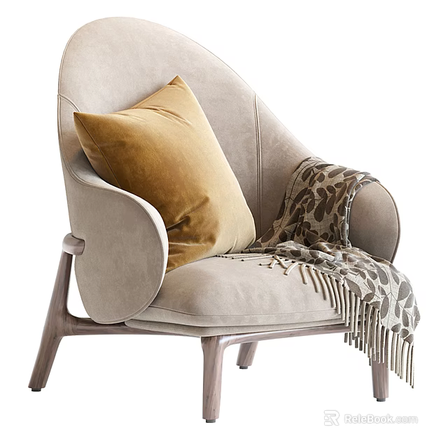 Cozy Light Gray Leisure Chair With Yellow Cushion And Leopard Print Blanket Wooden Legs 3d model 