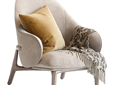 Cozy Light Gray Leisure Chair With Yellow Cushion And Leopard Print Blanket Wooden Legs 3d model