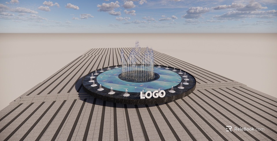 Circular Fountain With Water Jets And Surrounding Lighting On Striped Pavement 3d model 