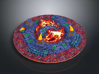 Cartoon Scene Featuring Circular Structure With Flaming Lava Bricks Green Foliage And Yellow Torches 3d model