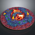 Cartoon Scene Featuring Circular Structure With Flaming Lava Bricks Green Foliage And Yellow Torches
