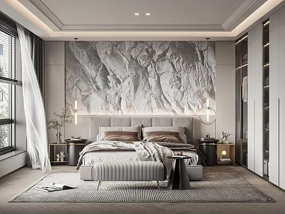 Modern Bedroom Design Featuring Marble Accent Wall Large Bed Nightstands And Built in Wardrobes 3d model