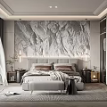Modern Bedroom Design Featuring Marble Accent Wall Large Bed Nightstands And Built in Wardrobes