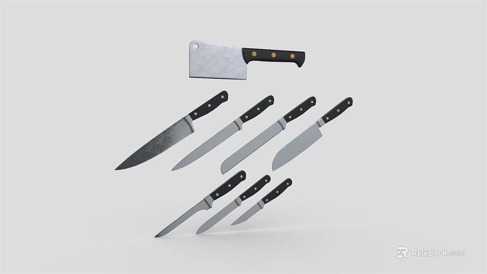 Different Types Of Kitchen Knives With Black Handles And Stainless Steel Blades 3d model 