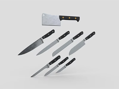 Different Types Of Kitchen Knives With Black Handles And Stainless Steel Blades 3d model