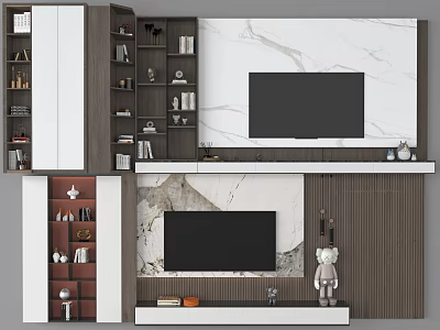 Modern TV Wall Design With Marble Panel Storage Shelves And Decorative Ornaments 3d model