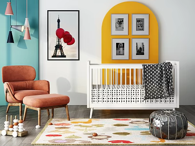 White Baby Crib In Blue Nursery With Orange Chair Yellow Wall Decor And Colorful Rug 3d model