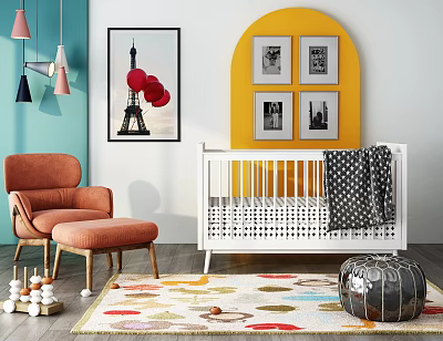 White Baby Crib In Blue Nursery With Orange Chair Yellow Wall Decor And Colorful Rug 3d model
