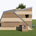Garden Wooden Structure With Green Roof Stone Small Tree Flower Pots And White Dog