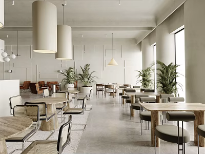 Modern Open Space Cafe Interior With White Walls Wooden Tables Green Plants And Pendant Lights 3d model
