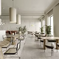 Modern Open Space Cafe Interior With White Walls Wooden Tables Green Plants And Pendant Lights