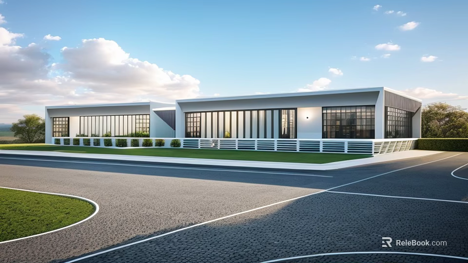 Modern Building Exterior With Road Sports Field Lawn And Blue Sky 3d model 