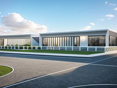 Modern Building Exterior With Road Sports Field Lawn And Blue Sky 3d model